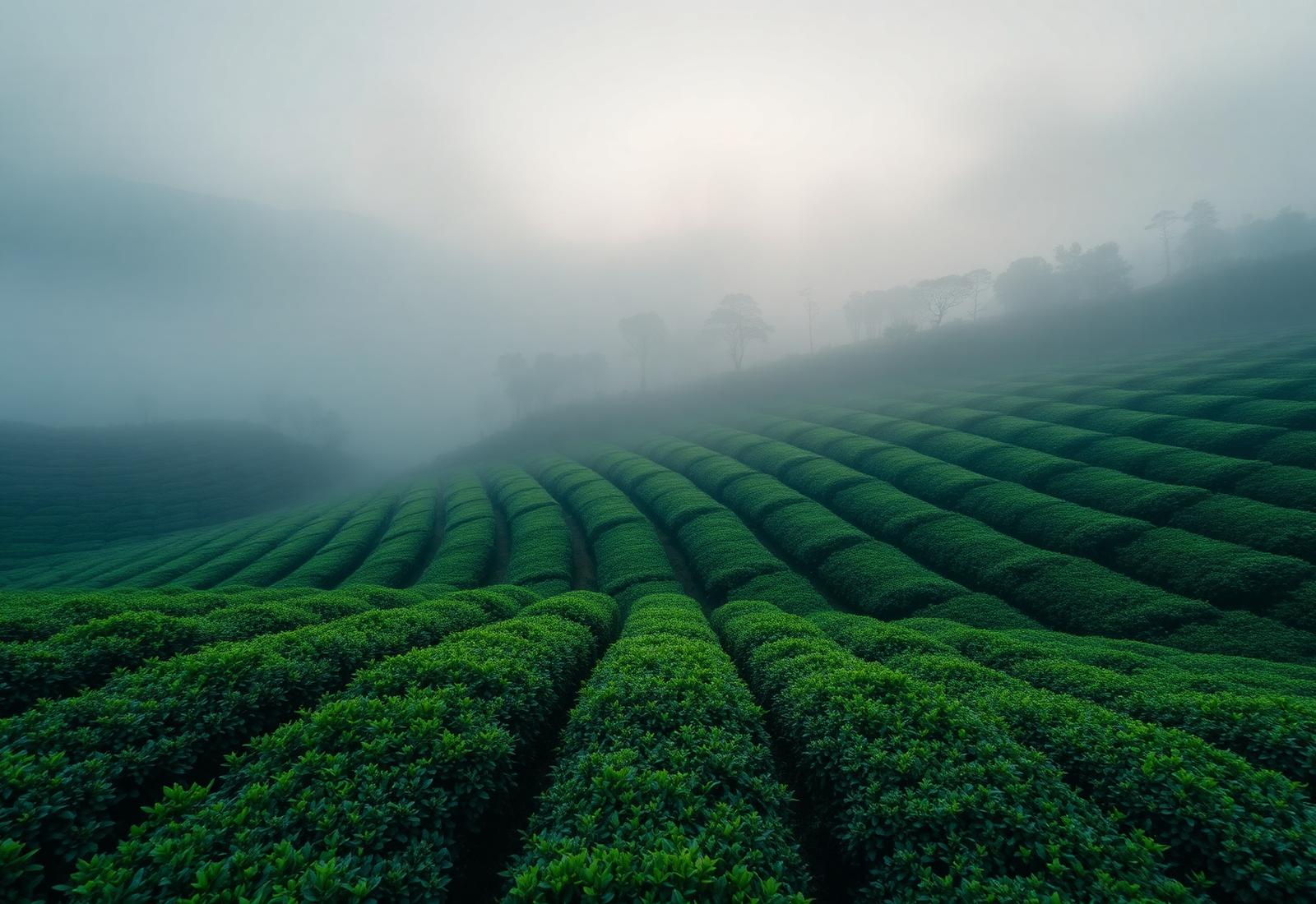 Misty Japanese tea plantation at dawn