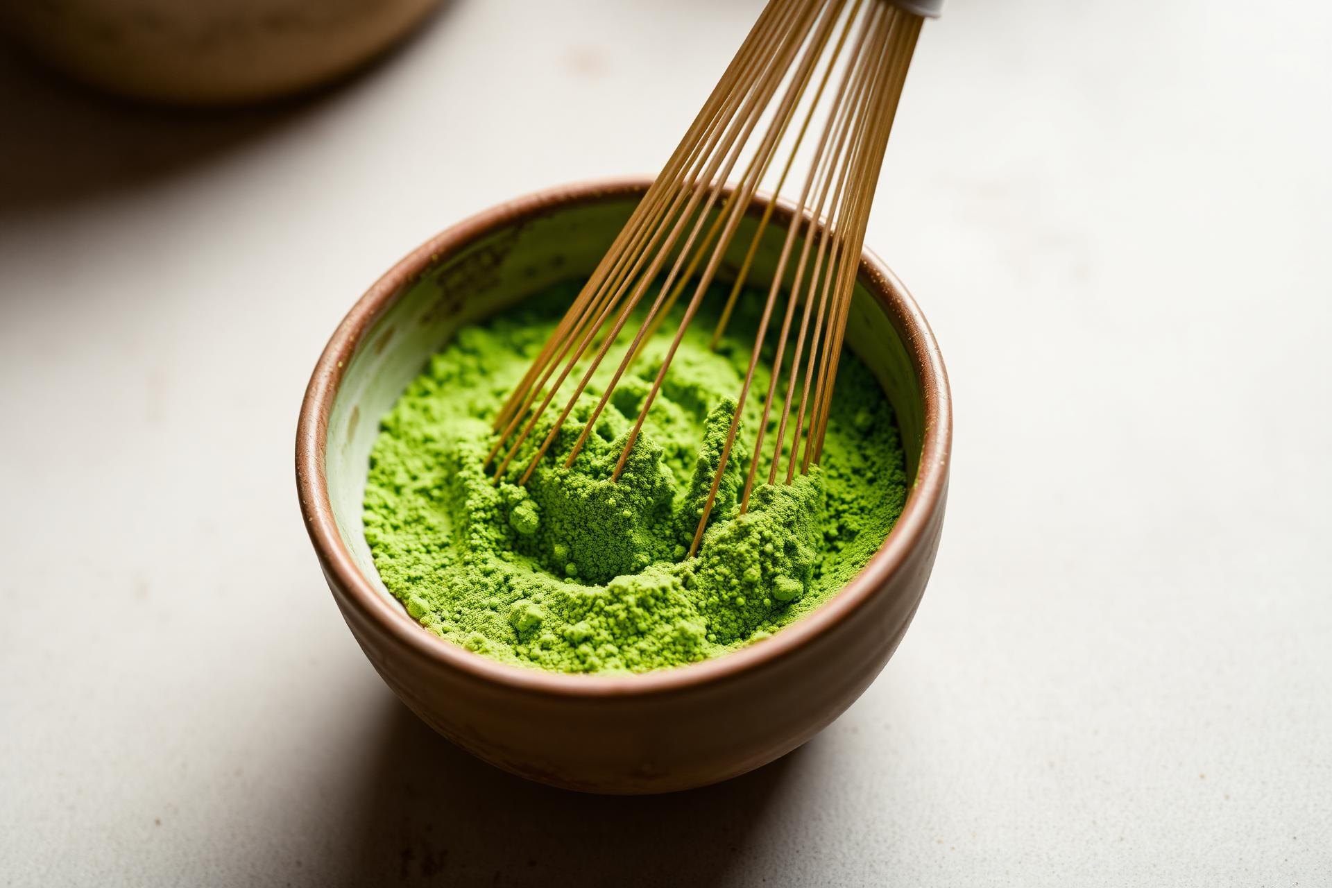 Vibrant matcha being whisked in a ceramic bowl